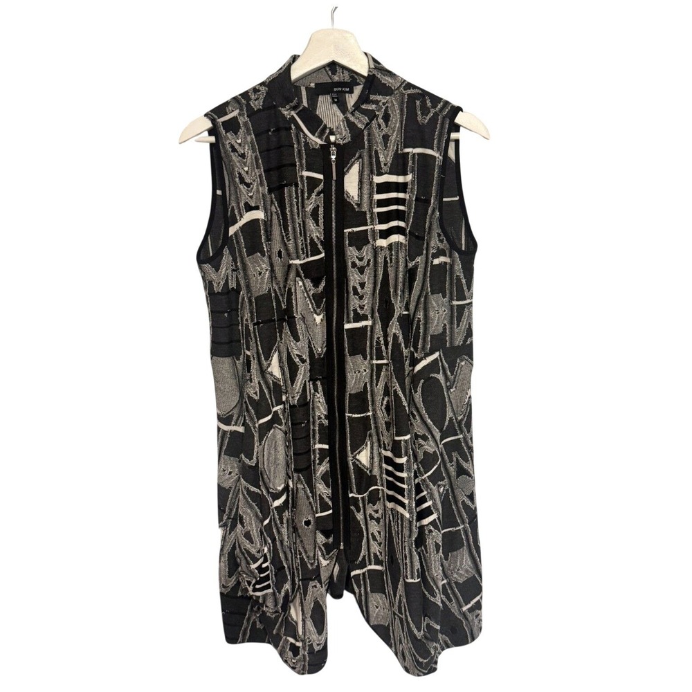Sun Kim Vest Abstract Geometric Zip Front M Black White Womens‎ Lagenlook Tunic